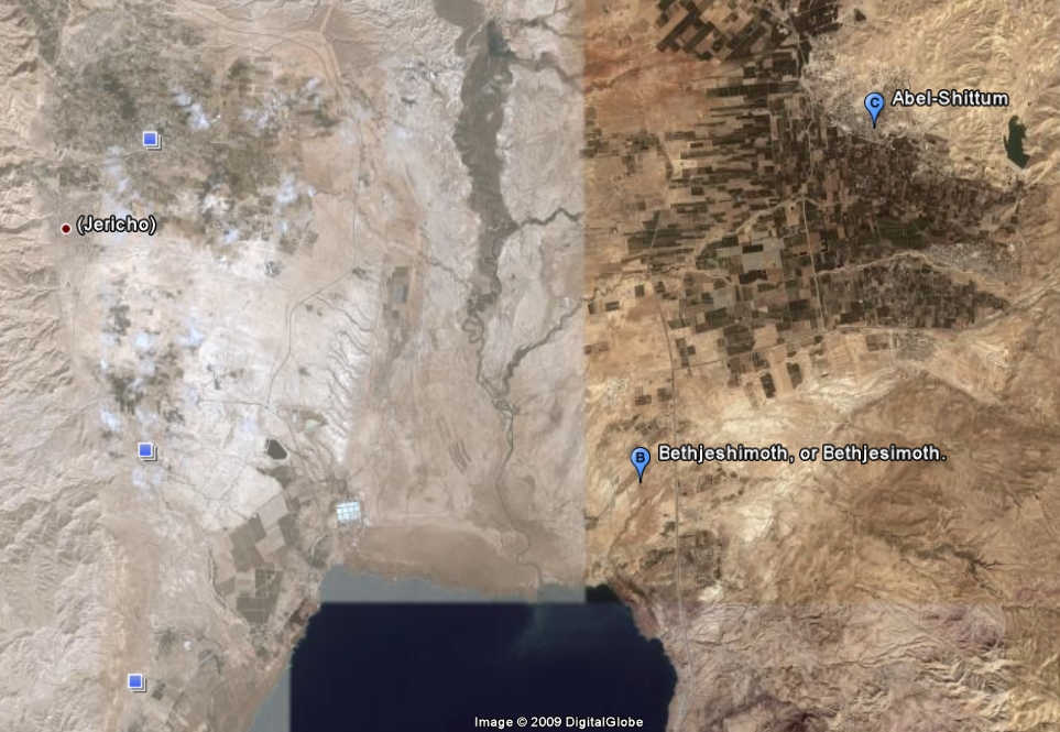 Google Earth view of the likely location of the camp stretching from Beit Yshimot to Avel-Shittim- Psalm11918.org