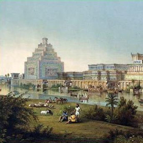 ASSYRIAN ROYAL PALACE AT NINEVEH ON THE TIGRIS RIVER, BEFORE ITS DESTRUCTION IN 612 BCE- unknown artist
